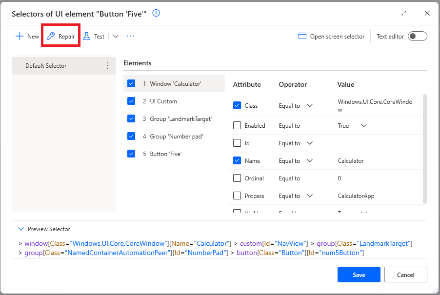 Repair selector button.